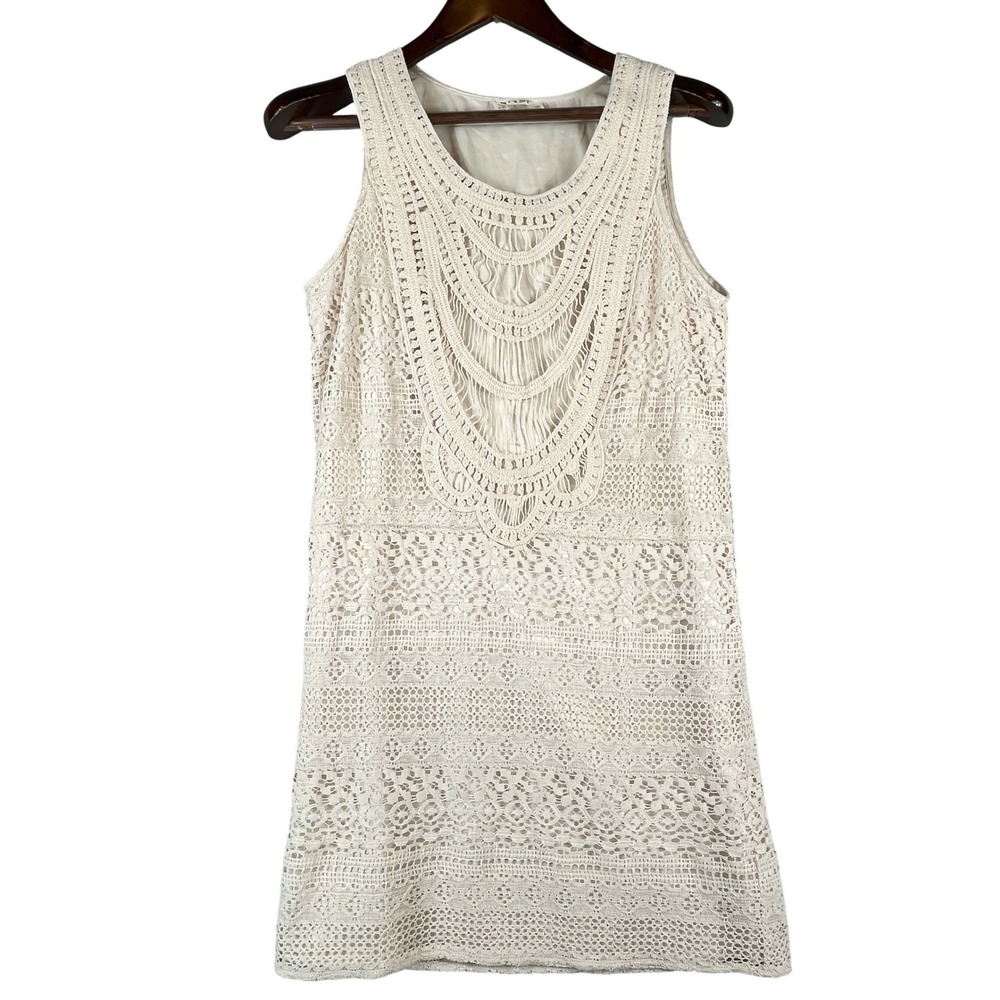 Crochet Lace Overlay Mini Dress Beige Sleeveless Boho Festival Cottagecore Large